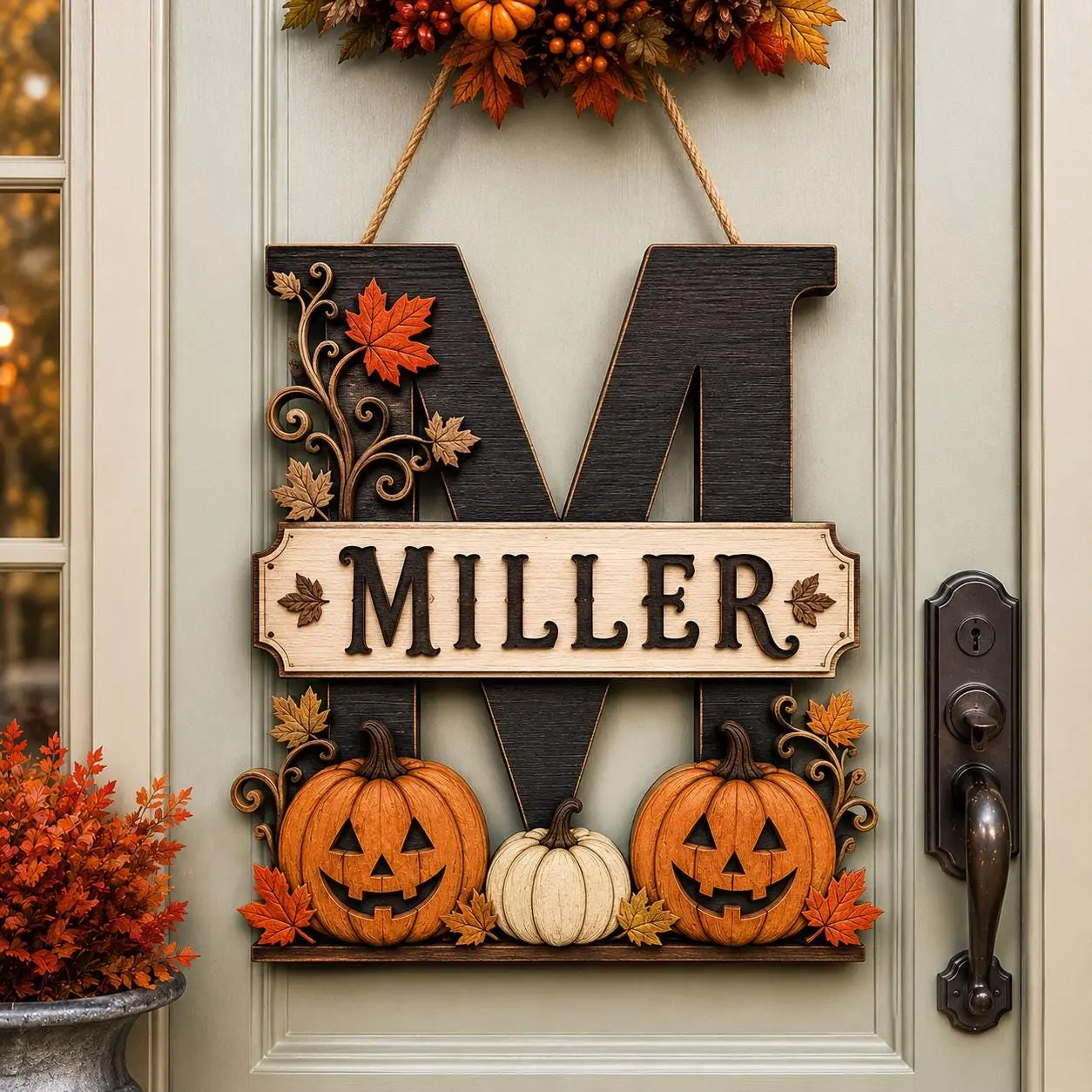 Personalized Halloween Wooden Door Sign, Custom Family Name Pumpkin Monogram Sign, Rustic Fall Front Door Hanger, Autumn Porch Decor, Vintage Halloween Decor, Fall Decor 2026