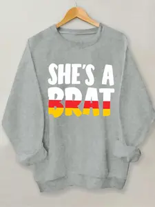 She's a Brat Letter Print Hoodie, Casual Loose Fit Round Neck Pullover, Fall & Winter Fashion, Trendy Plain Kint Fabric Sweatshirt