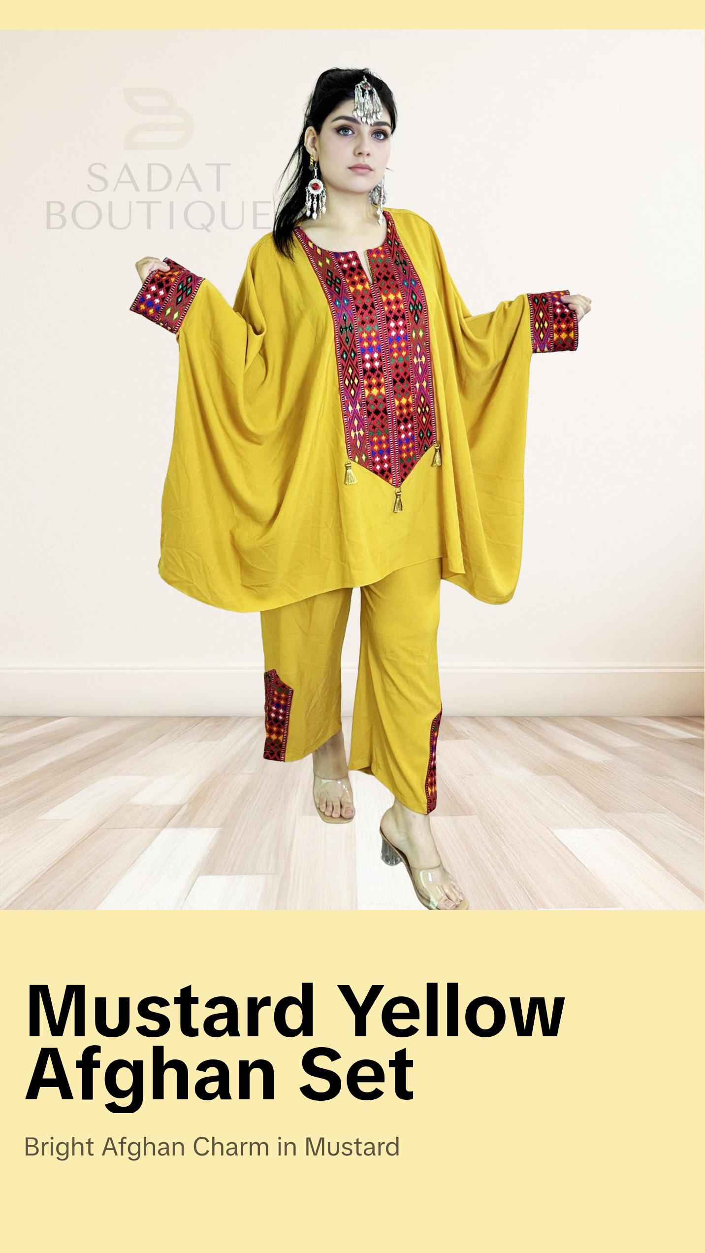 Title: Mustard Yellow Afghan Casual Set with Colorful Embroider