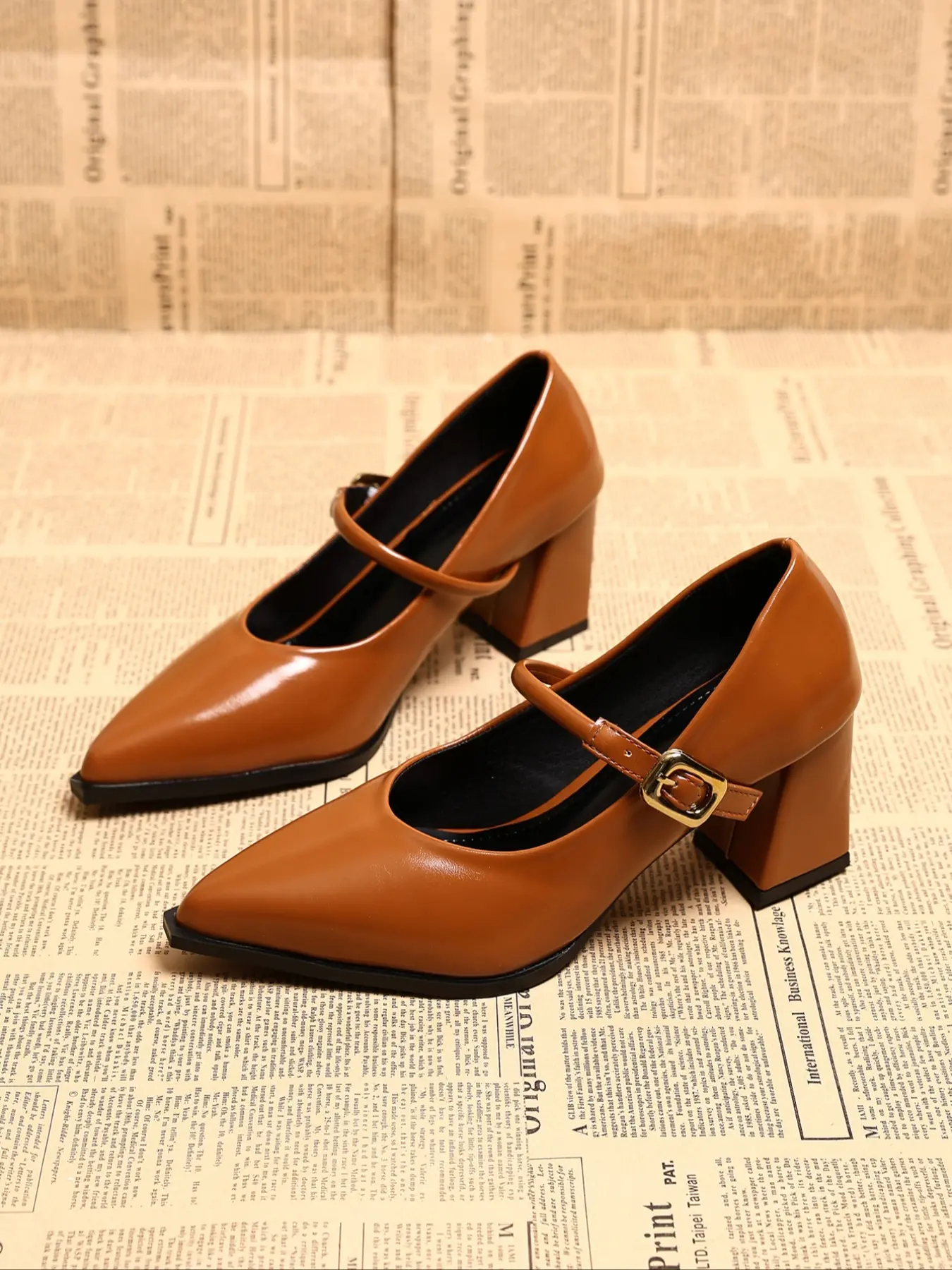 Women's Pointed Toe High Heel Shoes, Spring Autumn Chunky Sole, Non-Slip PU Leather Mary Jane Flats, Elegant Style, Stylish, Classy, Fashion, Footwear, Classy Heels