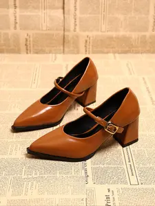 Women's Pointed Toe High Heel Shoes, Spring Autumn Chunky Sole, Non-Slip PU Leather Mary Jane Flats, Elegant Style, Stylish, Classy, Fashion, Footwear