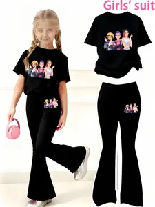 Girls' Kpop Print 2-Piece Set, Casual Sportswear Short Sleeve & Bell Bottoms, Comfortable Elastic Waist Pants, Spring Summer