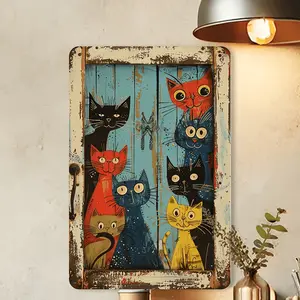 One Whimsical Cat Peeking Vintage Wooden Sign - with Vibrant Cartoon Cats for Country Wall Art, Suitable for Home, Bar, Tavern or Outdoor Decor
