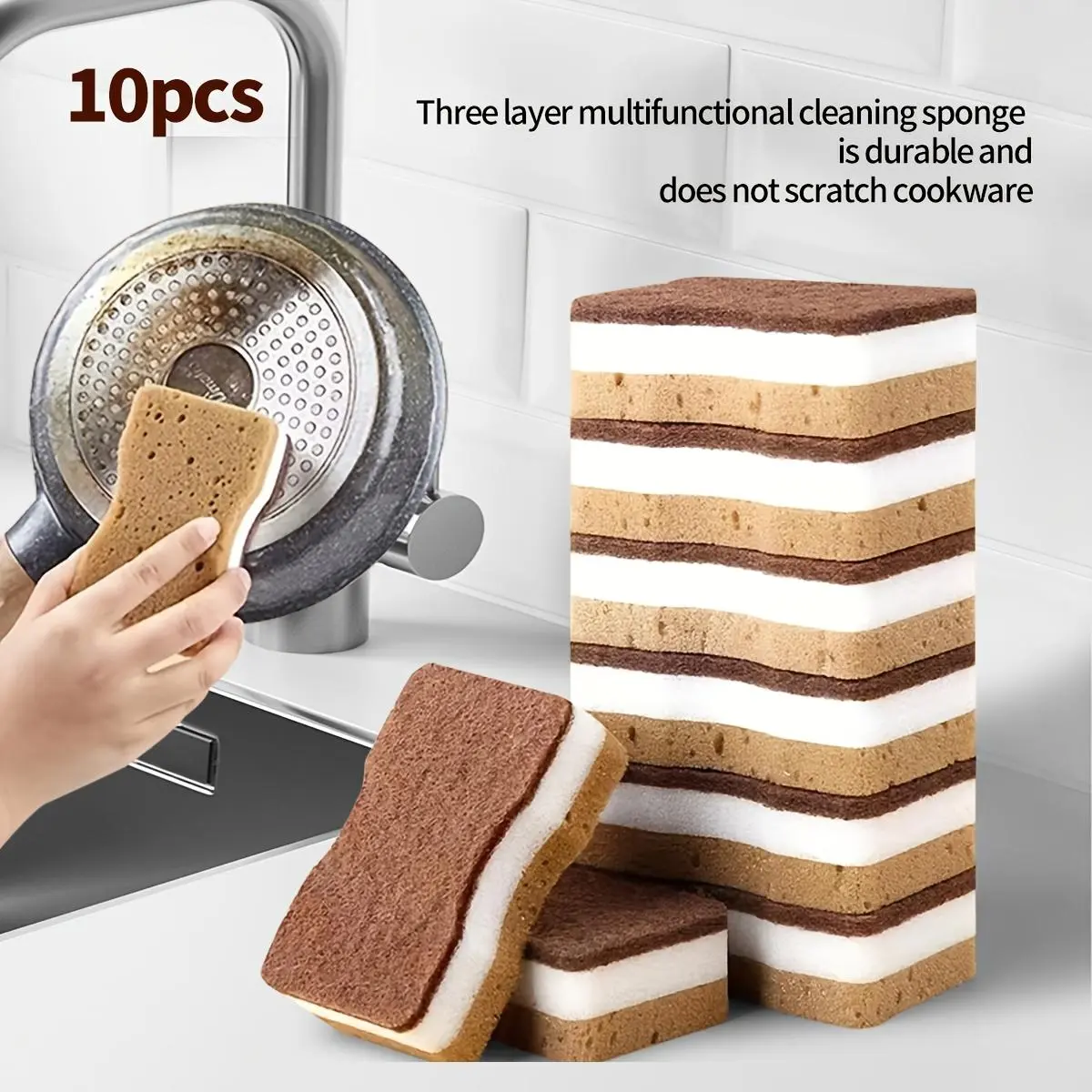 10pcs Three-Layer Seaweed Cleaning Sponges, Dishwashing Sponges, High-Quality Kitchen Sponges, Durable Non-Scratch Wiping Sponges, Super Absorbent, Cleaning Supplies, Cleaning Tools, Cleaning Cloths, Kitchen Cleaning Brushes.
