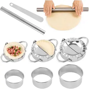 Stainless Steel Dumpling Maker Set, 3 Dumpling Maker Press + 3 Dough Cutter + 1 Stuffing Scoop +1 Rolling Pin, Easy tool for Dumpling-Wrapper Dough Stamp Cutter Pastry Pie Making(COLOR:Silver)