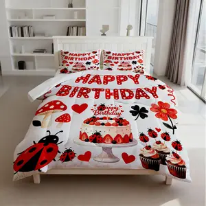 2/3PCS Happy Birthday Ladybug Comforter Set, Soft Microfiber Fabric, Filled Included, Without Pillow Insert, Perfect for Bedroom & Dorm Decor, Great Birthday Gift Idea