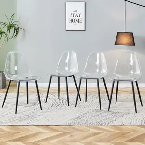 Dreamzon Modern minimalist transparent dining chair, plastic chair, armless crystal chair, Nordic creative makeup stool, negotiation chair, set of 4 pieces, black metal legs,TW-1200