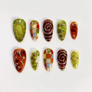 Green Plaid Nails/Spring Dreamy Press on nails long almond nails/Brown Nails/3D Gold Chrome nails/Garden Nails/Swirl nails/Custom nails JXEHE3