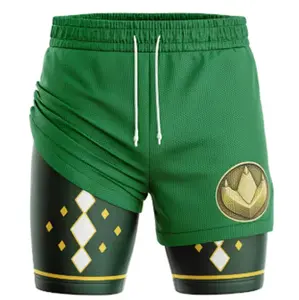 Green Ninjetti Ranger Power Rangers  Men's 2-in-1 Compression & Active Shorts Waist - Double Layer High-Elasticity Suitable for Training, Gym, Beach Pants, Slim-Fit Short Performance Shorts for Outdoor Sports, Machine Washable Compression Wear
