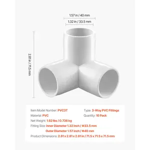 VEVOR 3-Way PVC Fittings, 1-inch PVC Pipe Joints Elbow Connector, 10-Pack Furniture Grade PVC Tee Fittings for DIY Storage Rack, Animal Cage, Pool or Garden Support Frame, Impact Weather-Resistant
