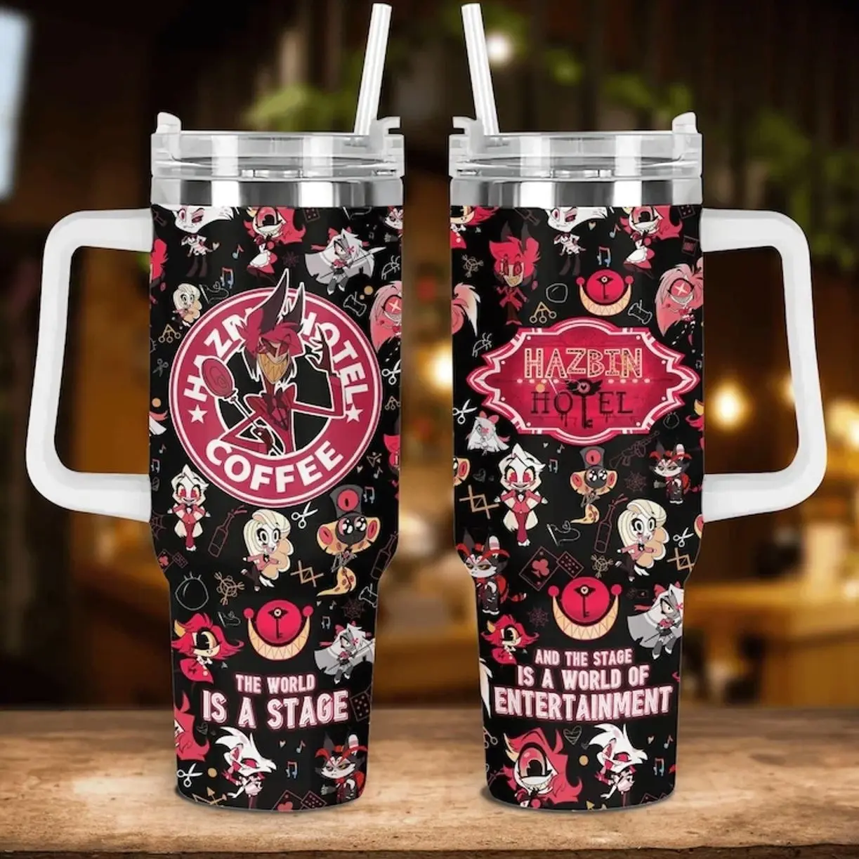 Hazbin Hotel Inspired Alastor 20oz/30oz/40oz Stainless Steel Tumbler with Handle – Double Wall Vacuum Insulated Travel Mug, Dark Cartoon Fan Gift