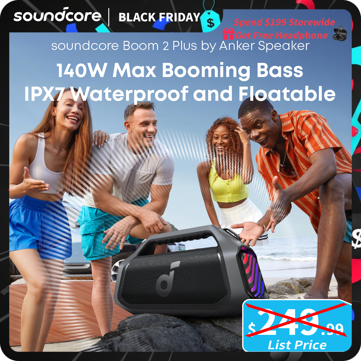 [TikTokShopBlackFriday] soundcore Boom 2 Plus by Anker, Outdoor Speaker, 140W, 2+2 Channel, BassUp 2.0, 20H Playtime, Fast Charge, IPX7 Waterproof, RG