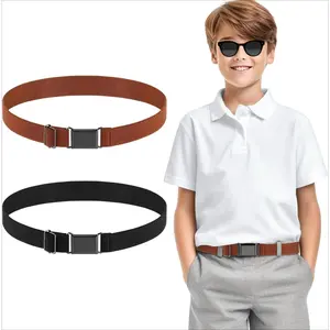 X-BLT02  2PCS Adjustable Kids Elastic Belts, Stretch Waist Belts Black Metal Square Buckle Boys Belt for Pants Jeans Uniform