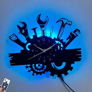 LED Vinyl Wall Clock with Mechanic Hand Tools Silhouette - Silent Man Cave & Workshop Decor, Unique Birthday & Christmas Gift, Battery Not Included