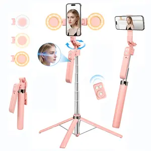 Automatic face-tracking selfie stick tripod with fill light, no app required, 360° rotation, follows your movements, equipped with a wireless remote control, suitable for vlogging/live streaming/video recording. Alloy Android
