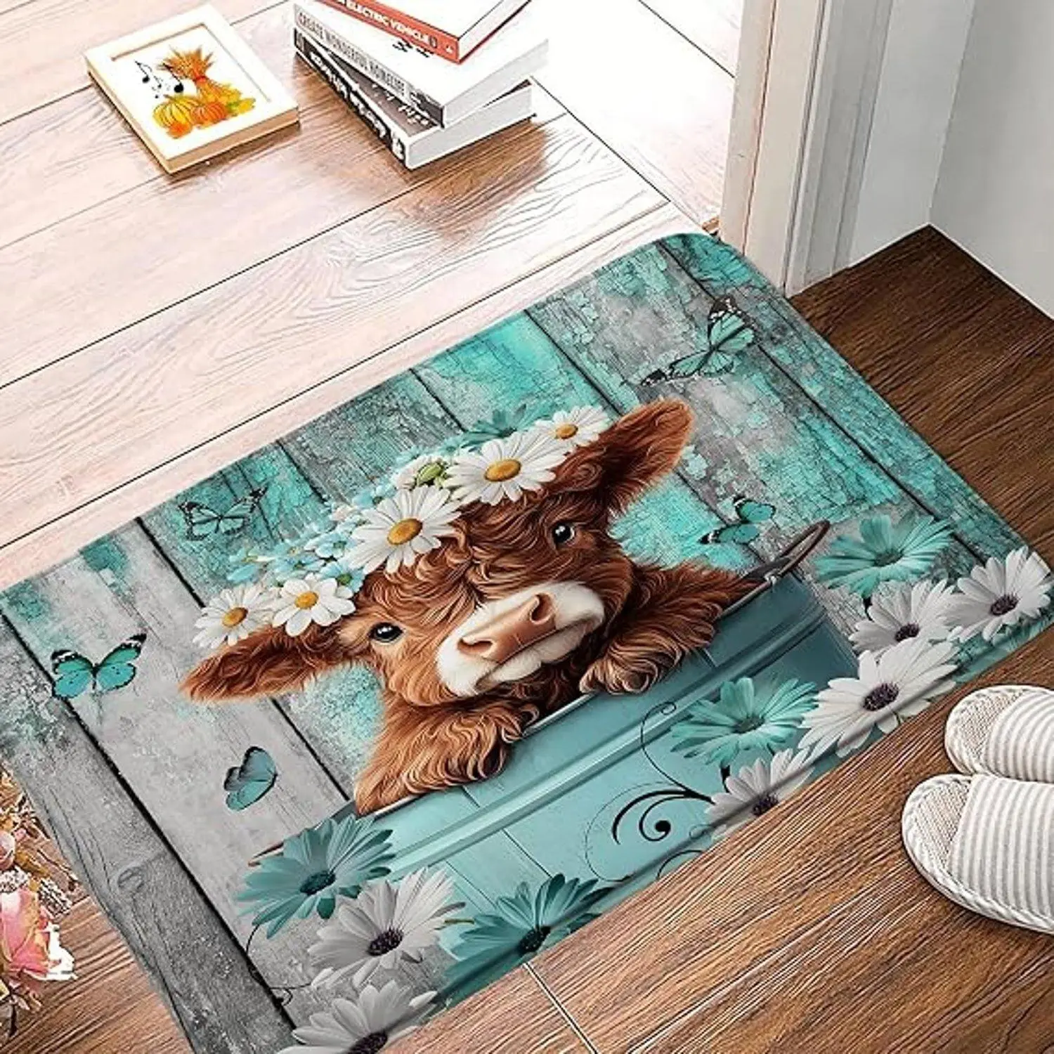 Cute Highland Cow in Turquoise Tub Daisy Floral Non Slip Farmhouse Kitchen Mat