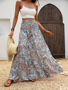 Bohemian Style High Waist Sweet Vintage French Goddess Dress, Hawaiian Paisley Print A-Line Skirt, Full Floral Ruffle Hem Half-Length Skirt Bottoms