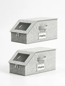 2-Pack Stackable Linen Hat Storage Box with Clear Window, Dustproof Baseball Cap Organizer, Protect & Display Up to 30 Hats, Gray