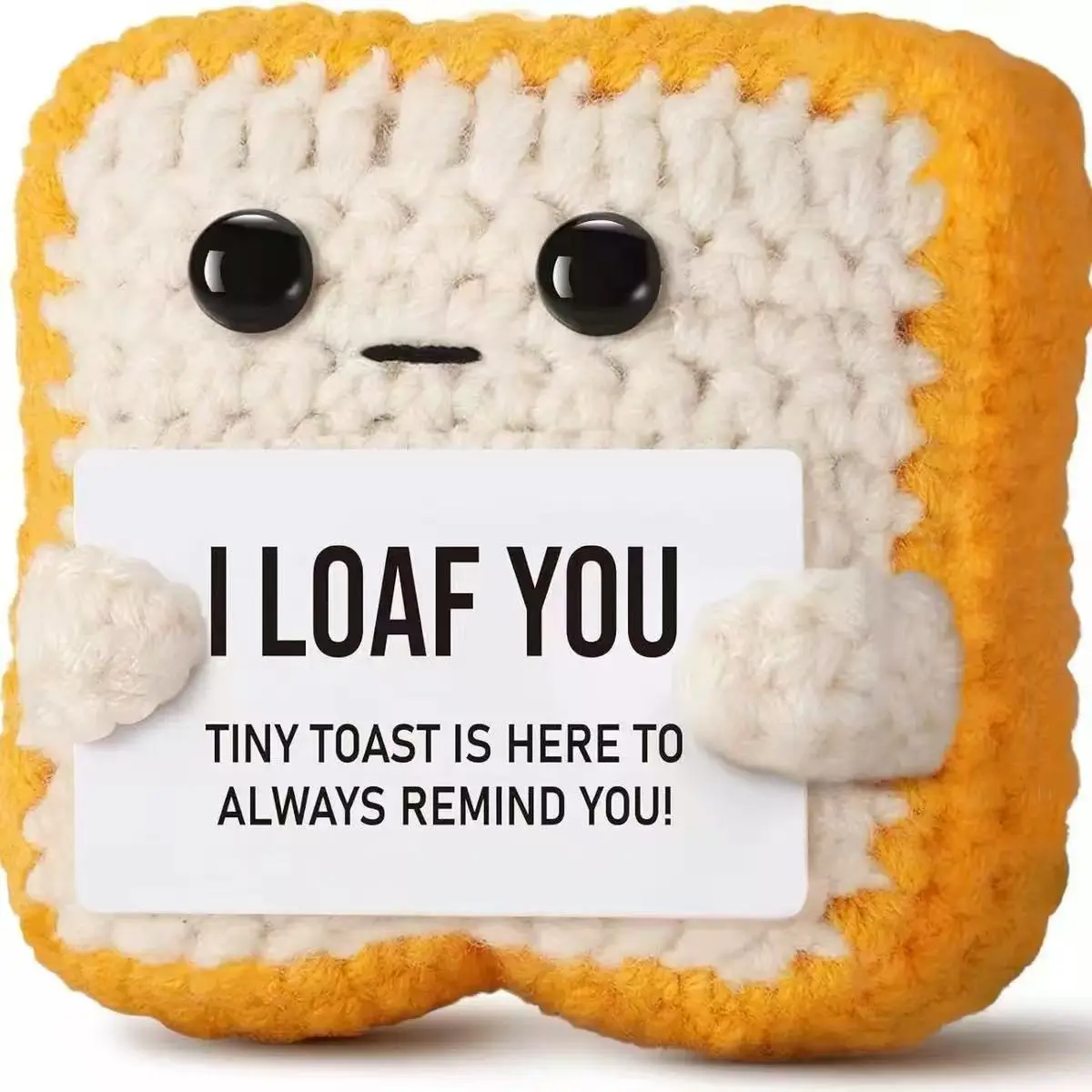 Positive Toast Crochet Doll, Handmade Knitted Mini Bread Toast Plush with Pun Quote Card, Cute Emotional Support Gift, Romantic Pocket Desk Decor for Couples, Anniversary Valentines Gift