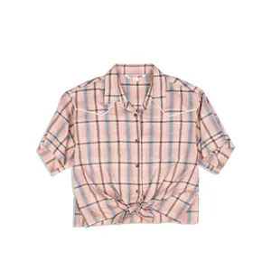 Women's Ely Cattleman Peach Plaid Tie-Front Short Sleeve Shirt