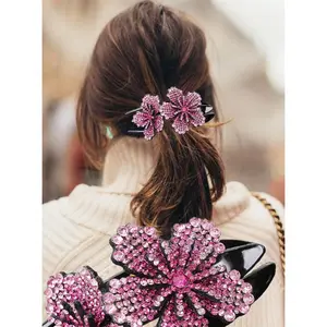 Set Of 5 Rhinestone Double Flower Hair Clip,Fancy Crystal Duckbill,Non Slip Floral Hair Accessory,for Women