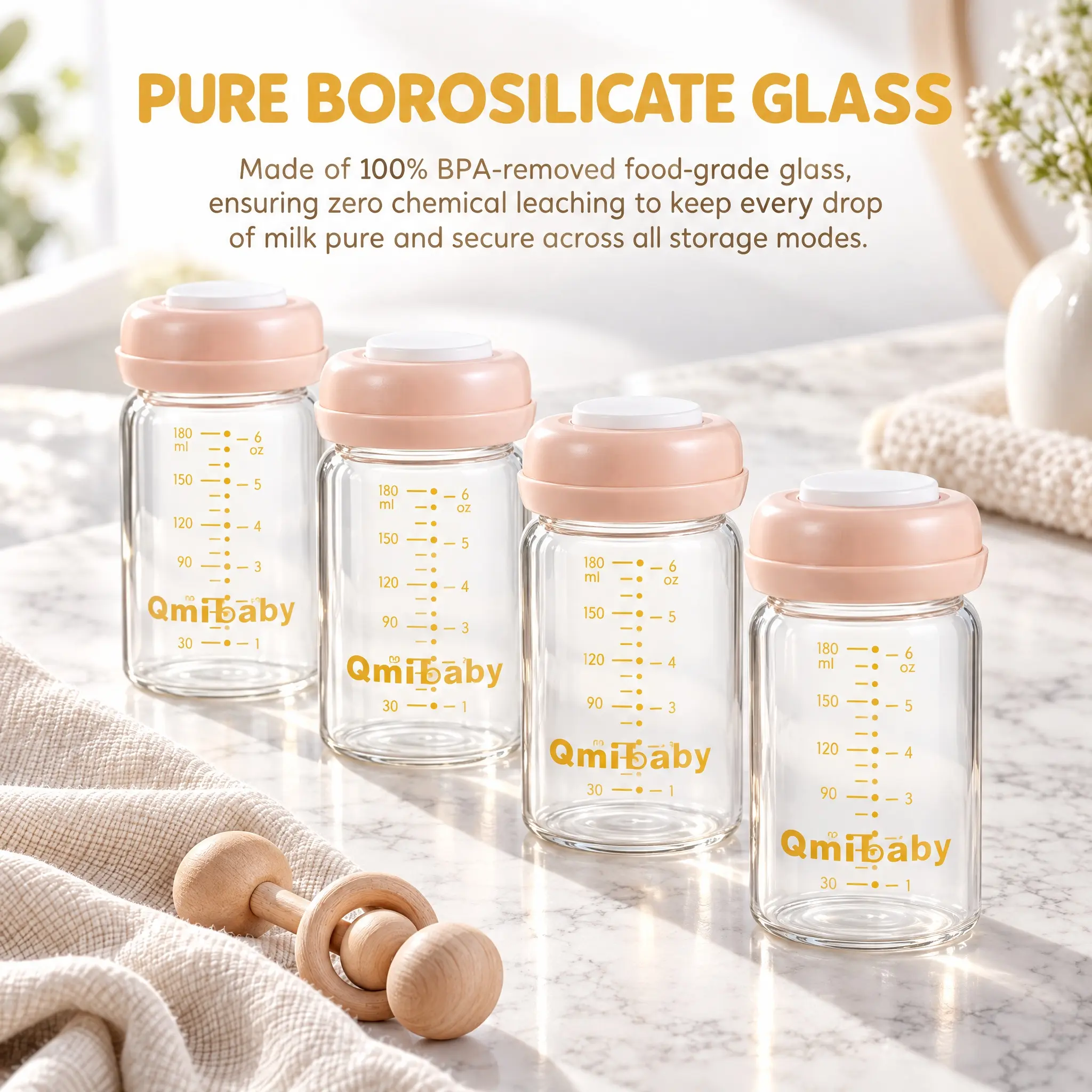 QMIBABY 180ml/6oz & 240ml/8oz Wide Neck Breast Milk Bottles, Durable Glass, BPA-Free Leakproof Reusable Storage Containers with Sealing Discs, Pumping Essentials for Moms, Breast Milk Collection & Refrigerator Storage