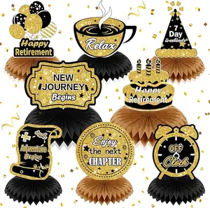 8Pcs Retirement Decorations Black Gold Retirement Table Honeycomb Centerpieces for Table Decor Happy Retirement Table Topper for Men Women Black Gold Farewell Going Away Retirement Party Supplies