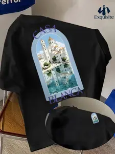 Men's Fashion Daily T-Shirt, Casa Blanca Pattern, Casual Wear, Summer Short Sleeve, Fitted Style, Light Stretch, Regular Fit