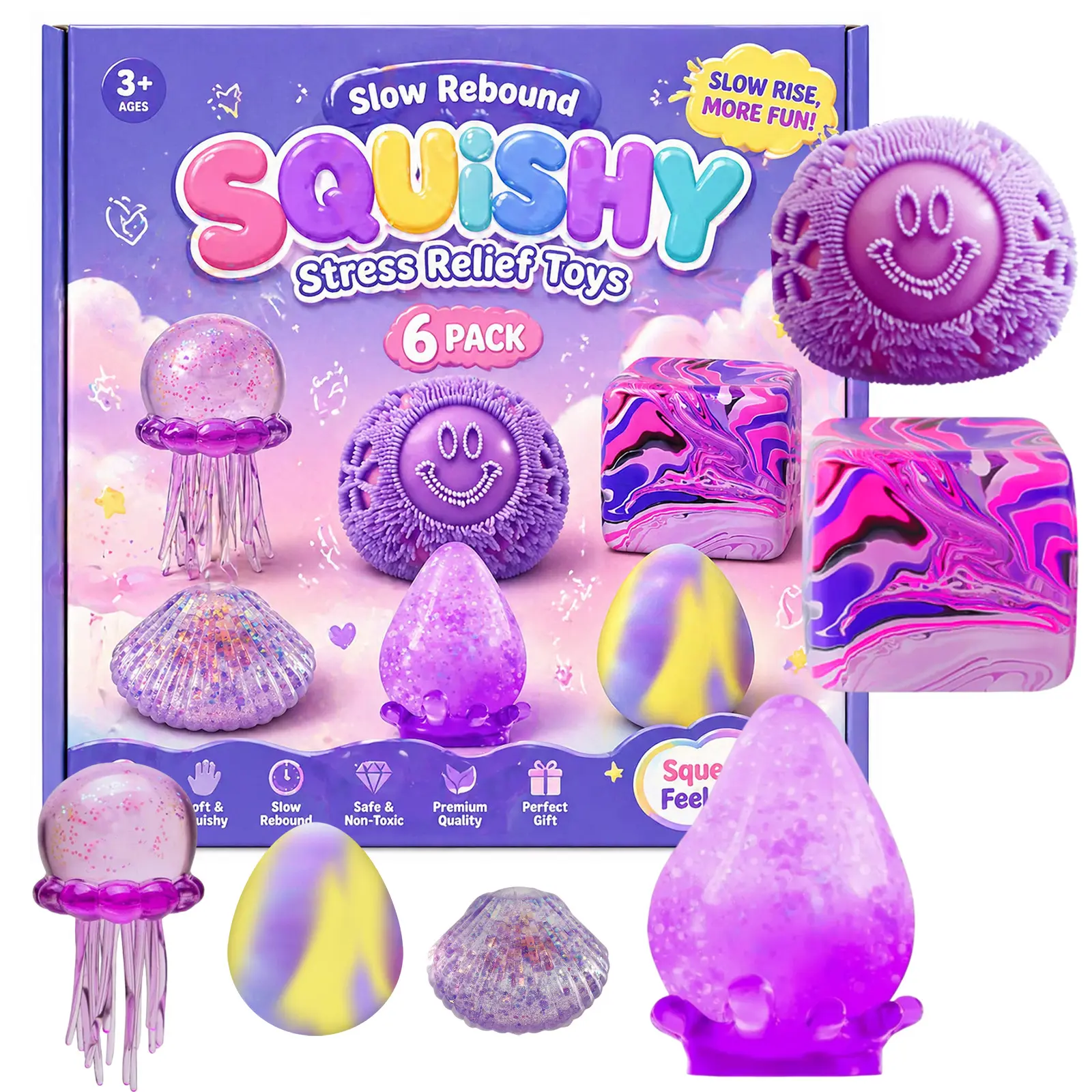 Stress Relief Fidget Toys 6-Piece Malt Sugar Set Box, Sensory Bundle with 3 Different Styles, Creative Slow-Return Squishy, Party Gift