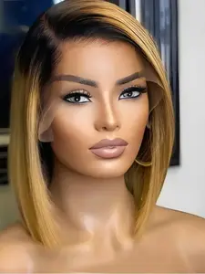 16-Inch Soft Gradient Gold Straight Wig, 180 Density, 13x4x1 Lace Front, Synthetic Fiber, Suitable for Daily Wear, Women's Hairpiece