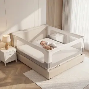 Toddler 3-Piece Bed Rails, King Size No-Drill Baby Bed Rail, Height Adjustable Thickened Safety Side Guardrail, Anti-Fall Bed Rail for Kids, White & Grey