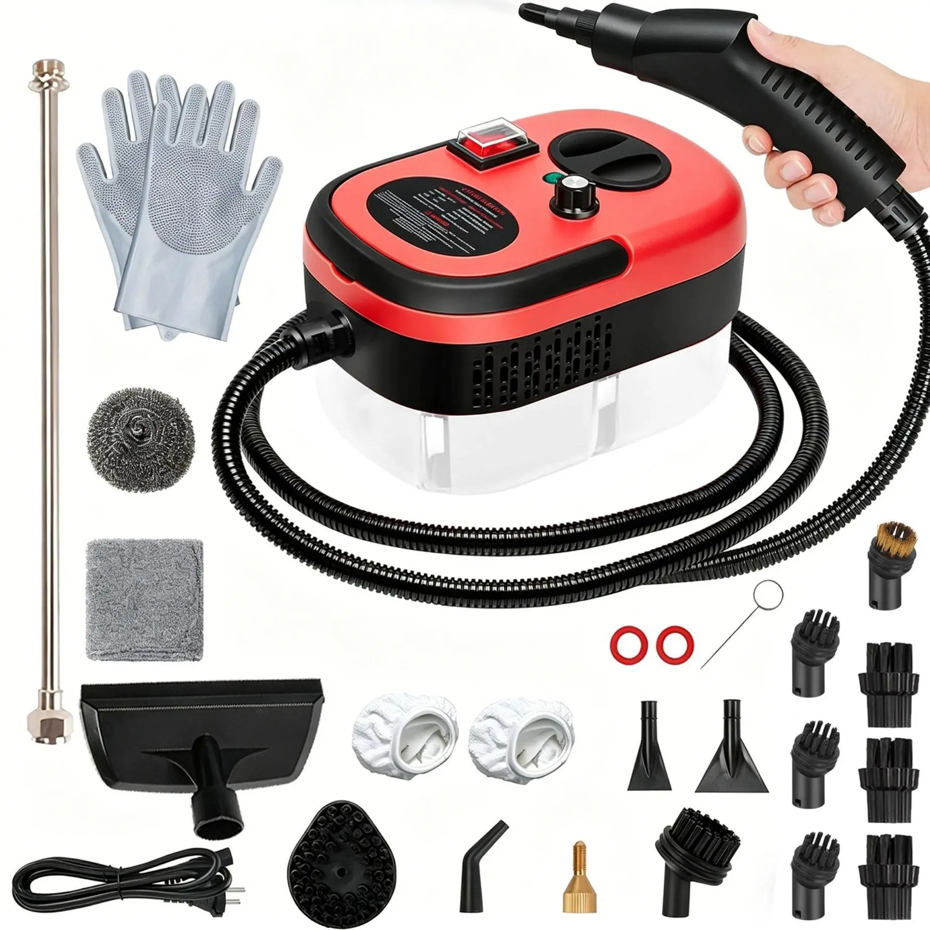 Red 2500W Multi-Purpose Steam Cleaner, 15s Fast Heat-Up, 6-Level Adjustable, 1200ml Water Tank, 20pcs Accessories, All-in-One Steamer for Home, Auto, Pet, Office and Outdoor Cleaning Household Steam Cleaner High Pressure Steam