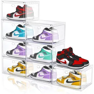 Large Shoe Boxes Clear Plastic Stackable, 8 Pack Drop Side Shoe Storage Organizer with Magnetic Door, Shoe Container Sneaker Storage Display Case Fit up to US Size 13 CLEAR