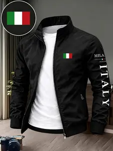 Men's Casual Letter Flag Print Jacket, Long Sleeve Fitted Outerwear, Business Style Fall Winter Coat, Perfect Gift for Him
