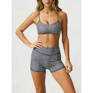 Casual plaid print short camisole and high-waisted shorts two-piece sports and fitness set