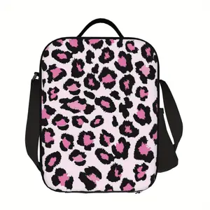 One Leopard Print Insulated Lunch Bag Featuring a Shoulder Strap, Perfect for Work, Travel, Or Picnics. This Reusable Bento Tote Is Safe for Non-Food Contact