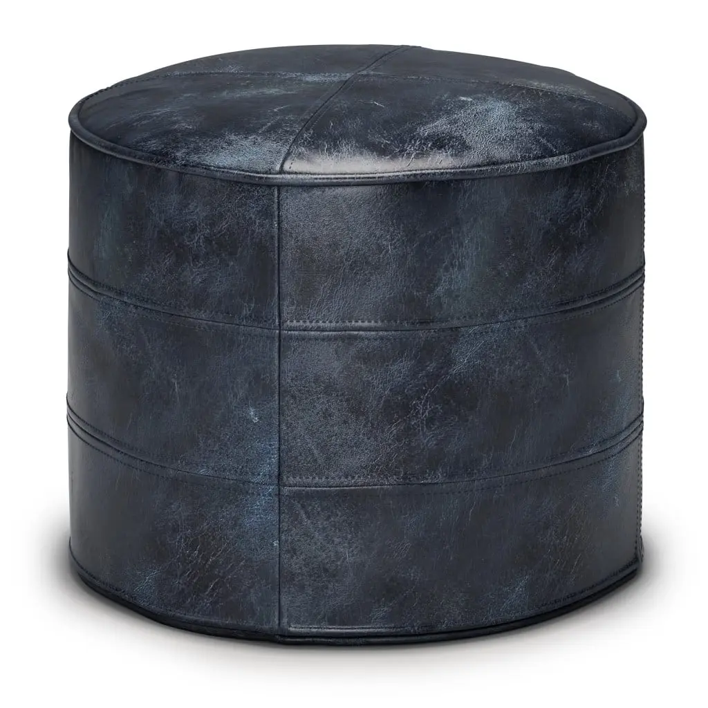HomeRoots Blue Leather Round Pouf Ottoman, 14x18x18 in. Upholstered Indoor Furniture Stool, Footrest Stool, Foot Rest Stool, Upholstered Stool