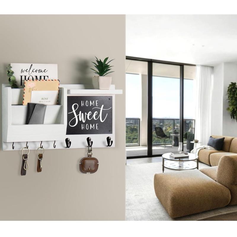 Key Holder for Wall - Mail Holder Organizer Wall Mount with Shelf - Hanging Key Rack Hanger with Hooks Decorative for Home Coat Letter Dog Leash Entryway Living Room Decor