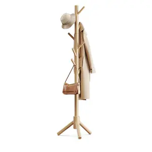 Coat Rack Sturdy Wooden Coat Rack Stand, Adjustable Coat Tree, Free Standing Tree Hanger with 4 Sections & 8 Hooks, for Home/Bedroom/Office/Hallway/Entryway