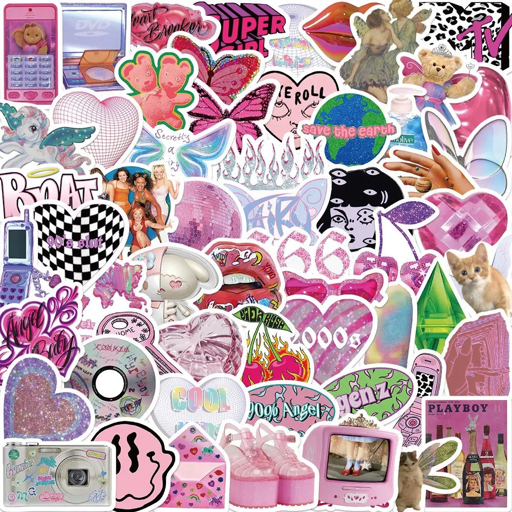 58 Pcs Harajuku Girl Y2K Style Graffiti Stickers Decorative Guitar Notes Luggage DIY Waterproof, Flat Sticker Type, No Ca Prop 65 Warning, Glitter Sticker, Cute Stickers, PVC Waterproof Stickers