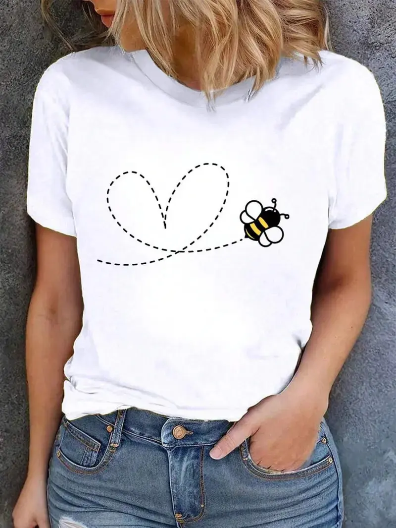 Cute Bee T-Shirt, "Bee with Heart Trail" Print, 100% Cotton Crew Neck Short Sleeve, Soft Comfy Breathable Fabric, Casual Streetwear Everyday Tops, Bee Lover Gift, All Seasons Outfit, Minimalist Nature Statement Shirt
