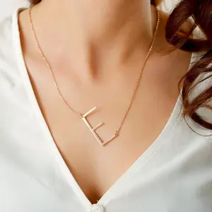 Sideways Large Initial Necklace 18k Gold Plated Stainless Steel Big Letter Script Name Monogram Pendant Necklace for Women Gift(from Alphabet 26 A-Z)