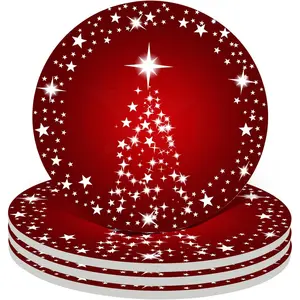 Christmas Tree with Festive Red Background Absorbent Ceramic Drink Coasters Christmas Decorative Soft Coaster Set (4-Piece Set) Adult White Elephant Gift Selection