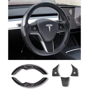 Model 3/Y Steering Wheel Cover, Carbon Fiber Steering Wheel Wrap Stickers for  Model 3 Model Y 2017-2021 2022 2023 2024 Interior Accessories, Black