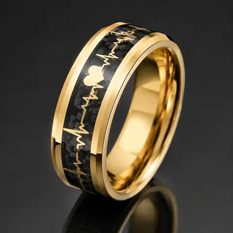 Women's 8mm Metallic Stainless Steel Round Band - Heartbeat Motif Carbon Fiber Inlay, Uncoated Finish, Graphic Cartoon Design, Lightweight Gold-Tone Elegant Fashion Ring, Couples Gift, Durable Everyday Accessory