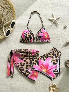 SOLARA 3pcs/Set Tween Girl Leopard & Lily Flower Print Halter Top Tropical Multicolor Bikini Swimsuit With Sarong,Pink,Summer,Cute,Beach,Holiday Bathing Suit