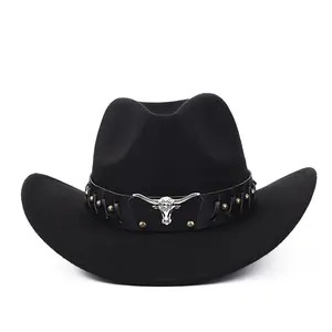 Western cowboy felt hat, Tibetan top hat, bull head accessories, autumn and winter jazz hat, new woolen hat.