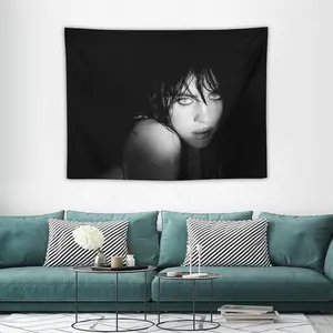 Billie Flag Music Album Poster Tapestry - Black & White Portrait Wall Hanging with Pink Accents, 100% Polyester Peach Light Beige Fabric, Horizontal Wall Art for Living Room, Bedroom Decor - Unique Gift for Music Fans