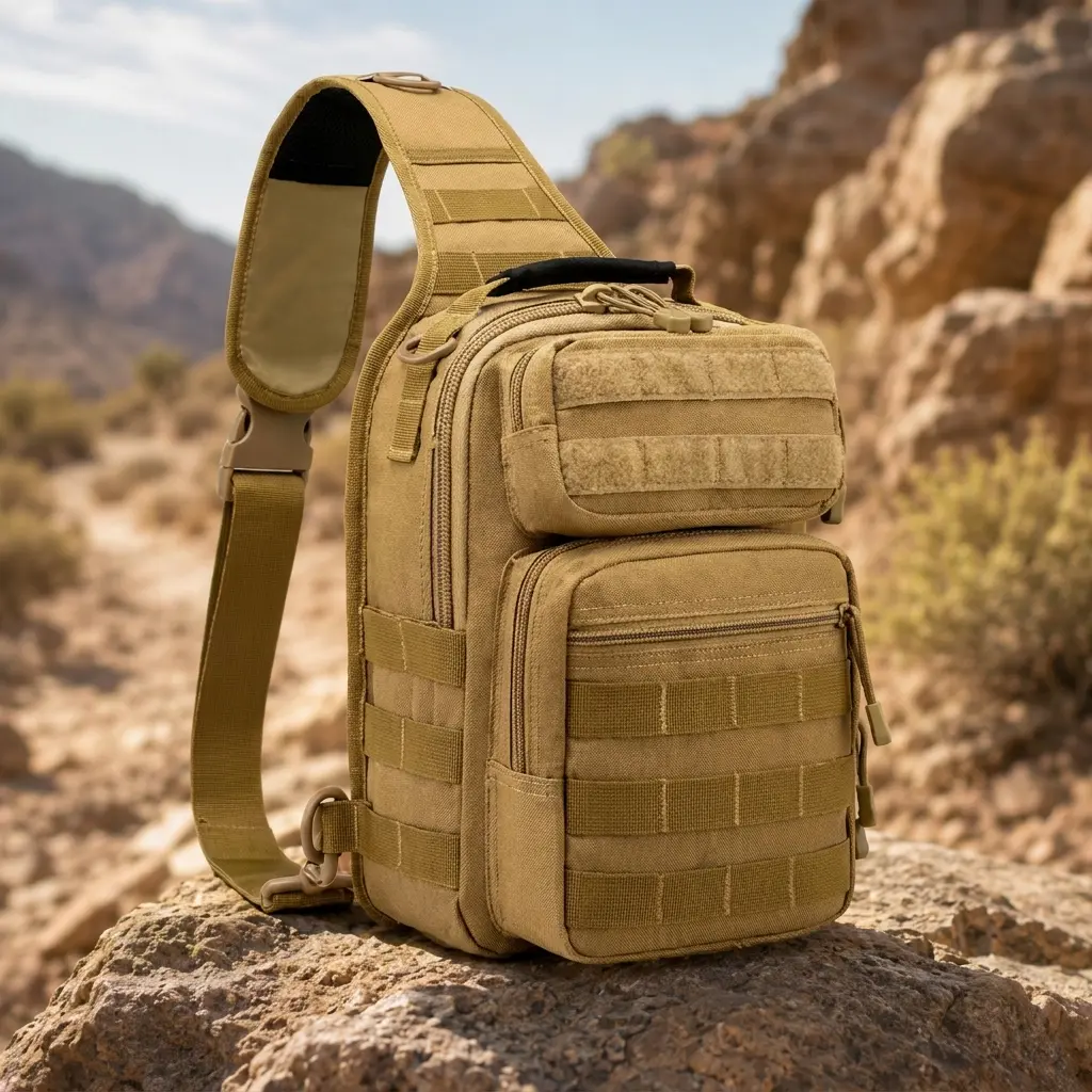 Men's Small Tactical Sling Backpack - Military Rover Polyester Crossbody Chest Bag with USA Flag Patch, Water-Resistant, MOLLE, Adjustable Strap, Holds Chargers, Notebook, Keys, Cell Phone, Wallet, US Shipping, Carrying Bags for Cool Gifts for Guys
