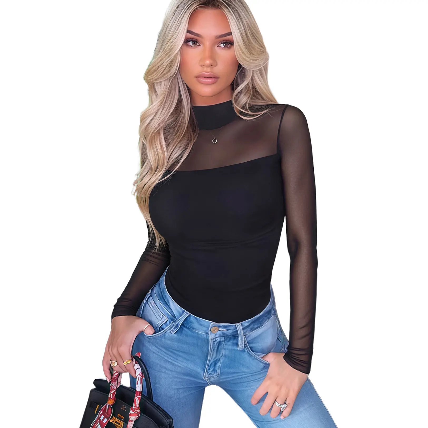 Women's Ruched Turtleneck Bodysuit, Cute High Stretch Top with Sheer Mesh Long Sleeves & Thong Bottom for Invisible Lines, Lady, Basic